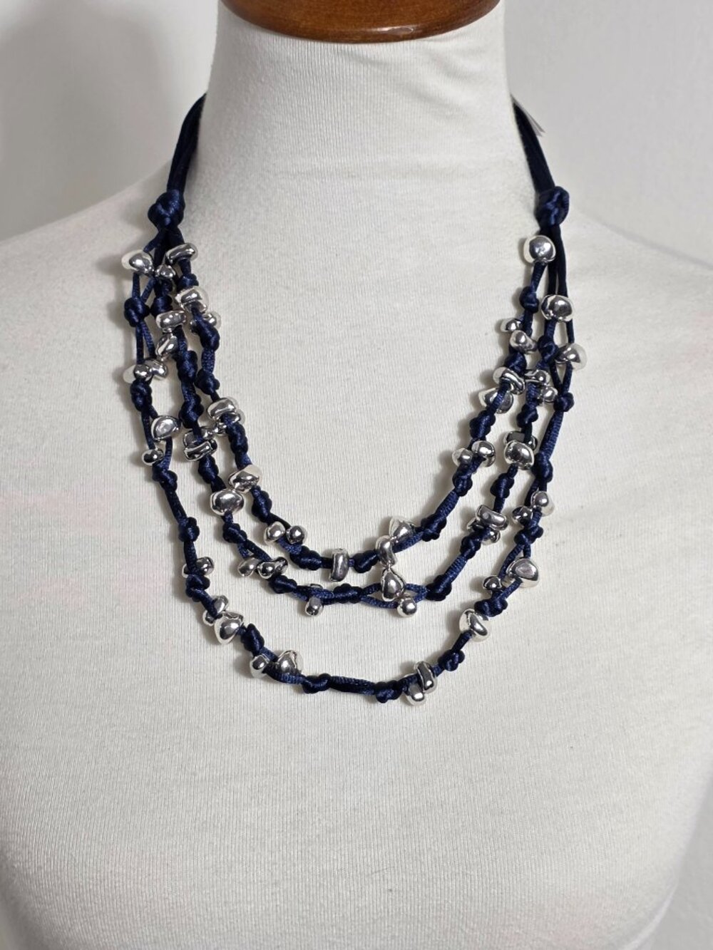 Chico's Blue Silk Cord Multi-Strand Knotted Necklace Silver Pebble Beads NEW
